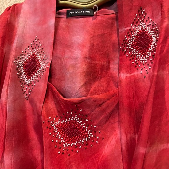 josie NATORI Robe + Slip Red Tye-Dye 100% Silk BEADED NWOT Small - Boho Couture - Picture 2 of 15